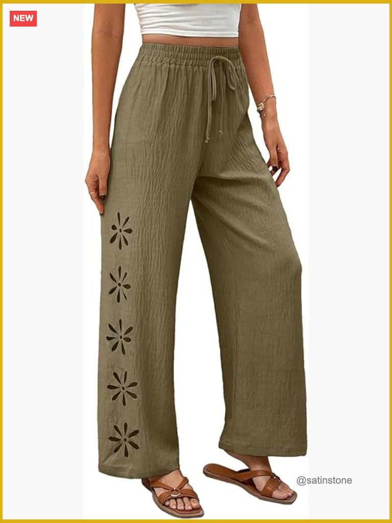 Womens Beach Pants Summer Boho Drawstring Elastic Waist Hollow Out Textured